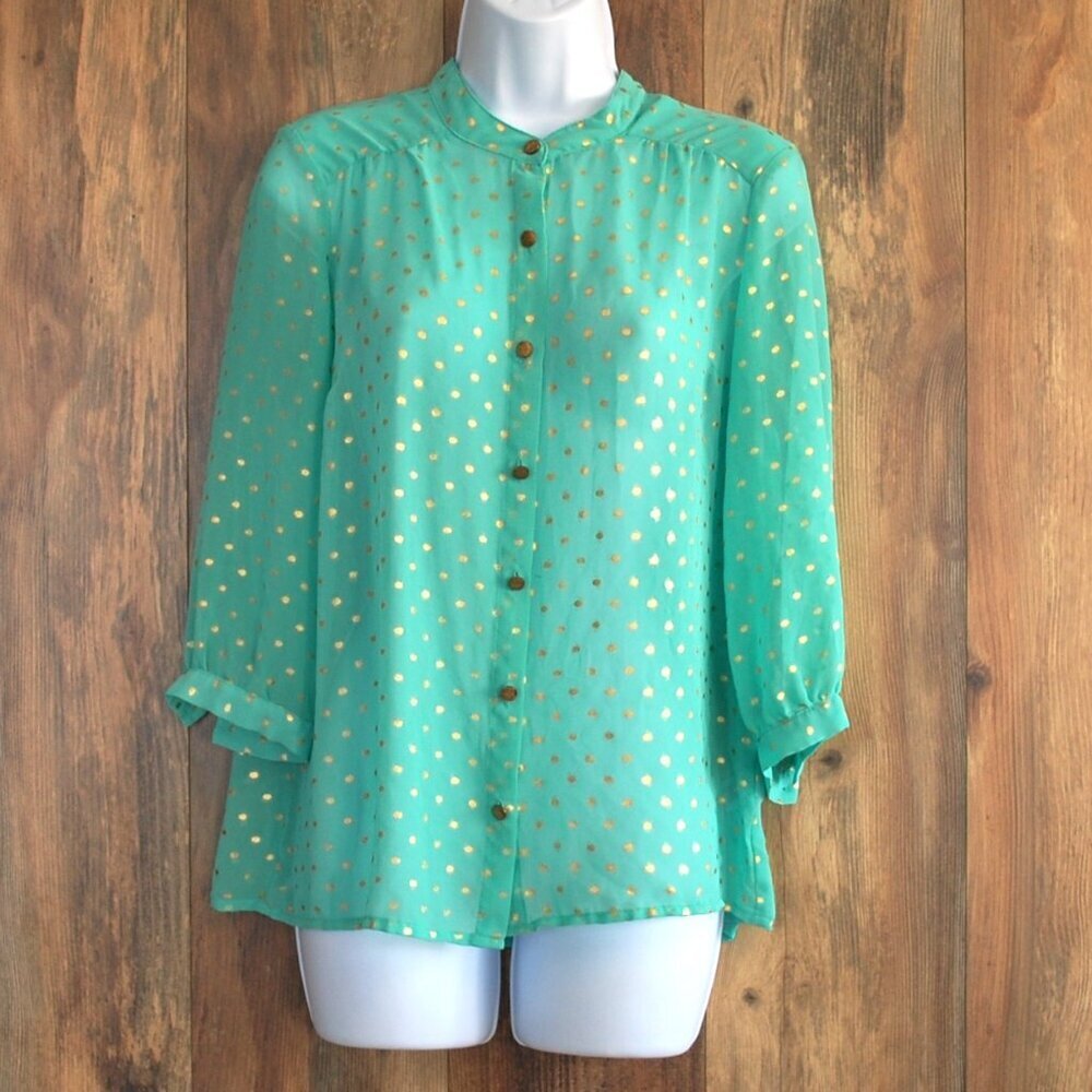 Forever 21 Green/Gold Polk-a-dot Women's Sheath Sheer Blouse M